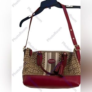 EUC Coach Bag: Burgundy and Cream: L14” W20” stretched w/o Stretch 10” Strap 34”